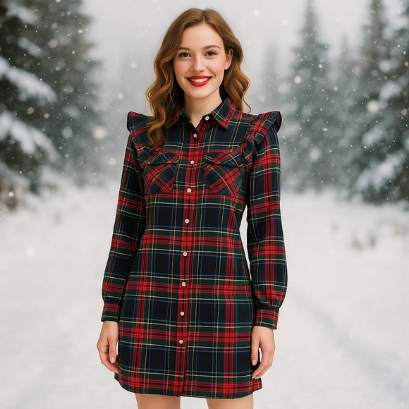 Blue Rain Ruffle Plaid Shirt Dress Size S - Picture 1 of 15